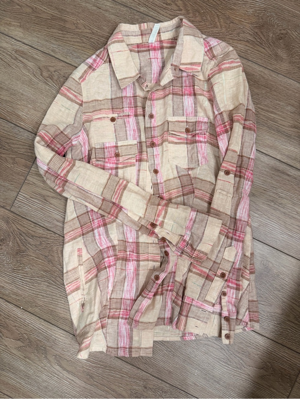 Free People Beige, Pink & Brown Plaid Shirt 0078